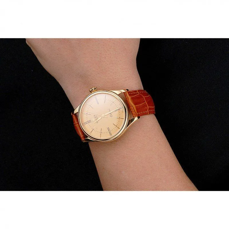 Swiss Cellini Gold Dial Roman Numerals Gold Case Light Brown Leather Strap