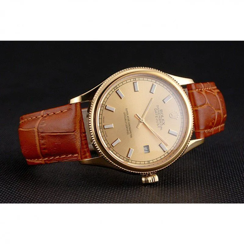 Datejust Gold Dial Gold Case Light Brown Leather Strap