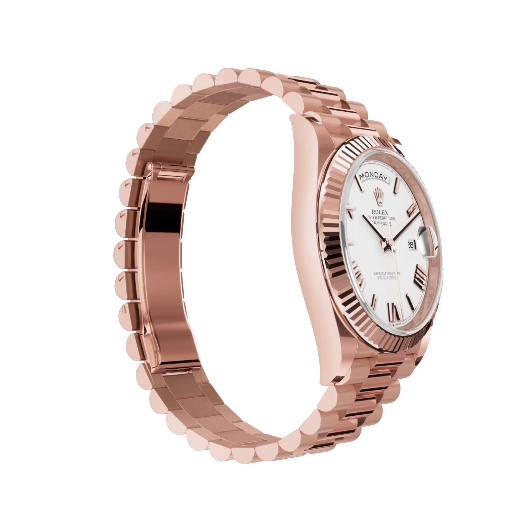 Day-Date: Everose gold, white dial, fluted bezel, President bracelet, m228235-0032