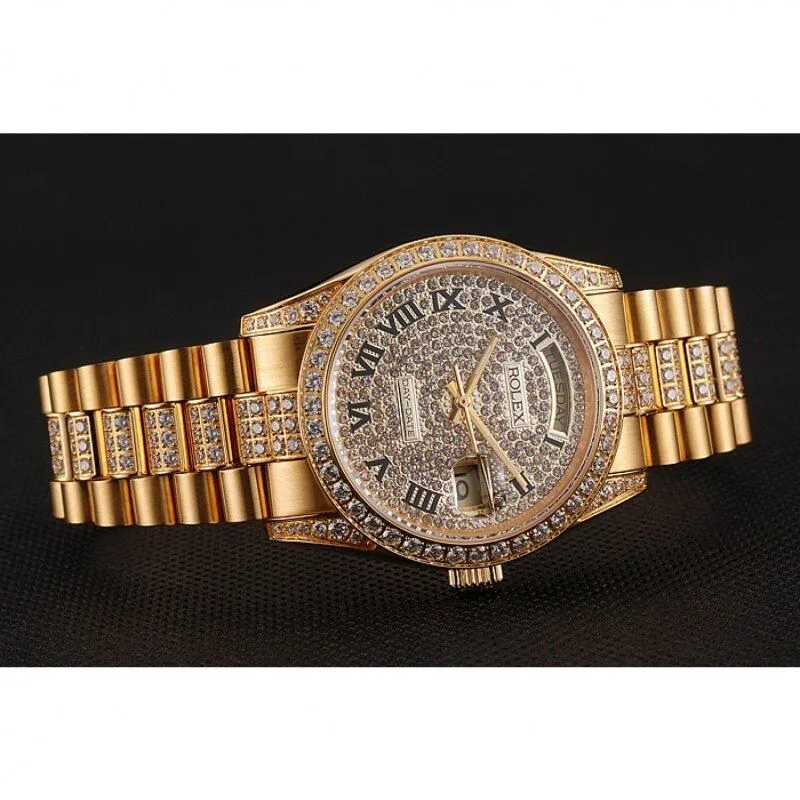 Swiss Day-Date Diamond Pave Dial Gold Diamond Bracelet 1453956