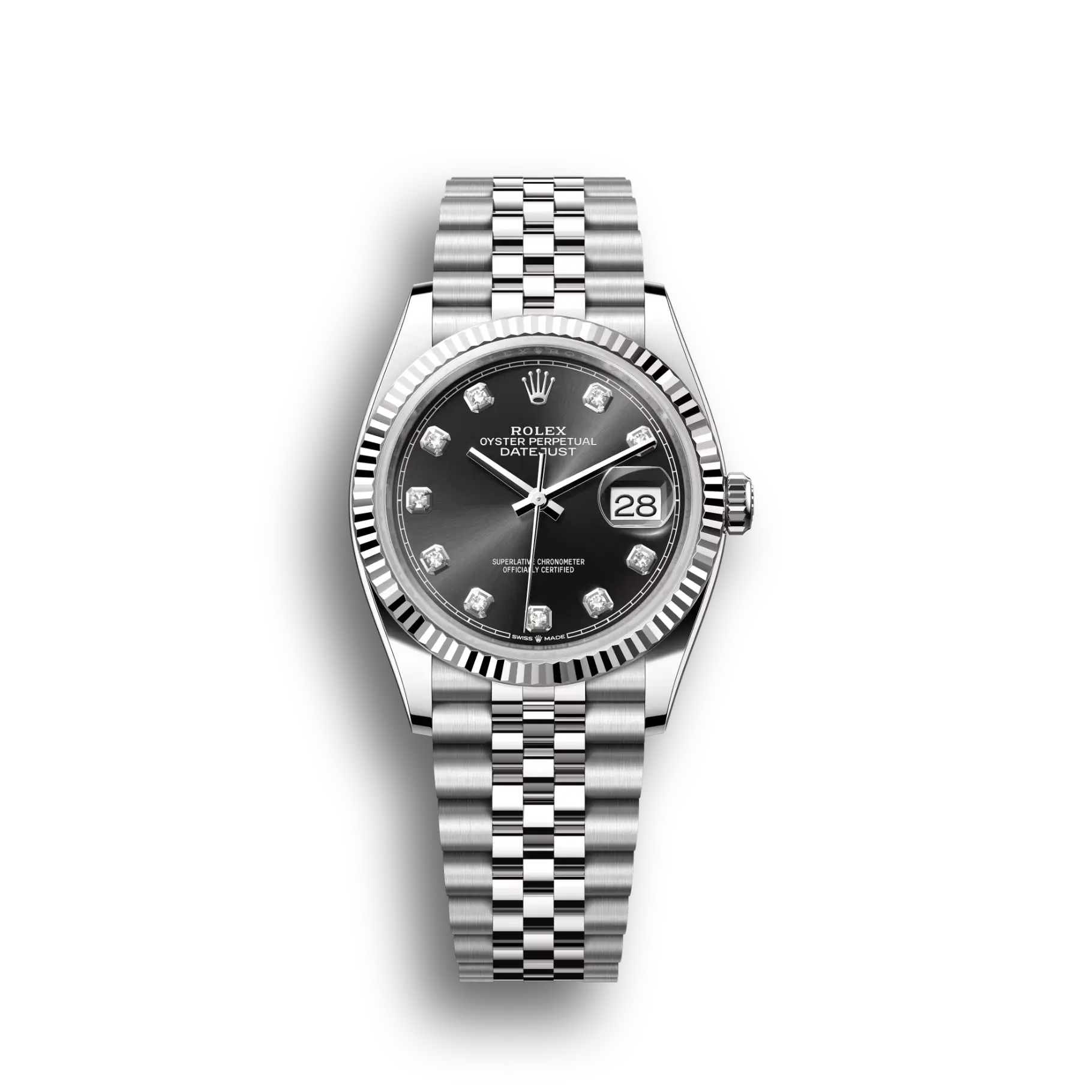 Datejust: Oystersteel and white gold, bright black, diamond-set, m126234-0027