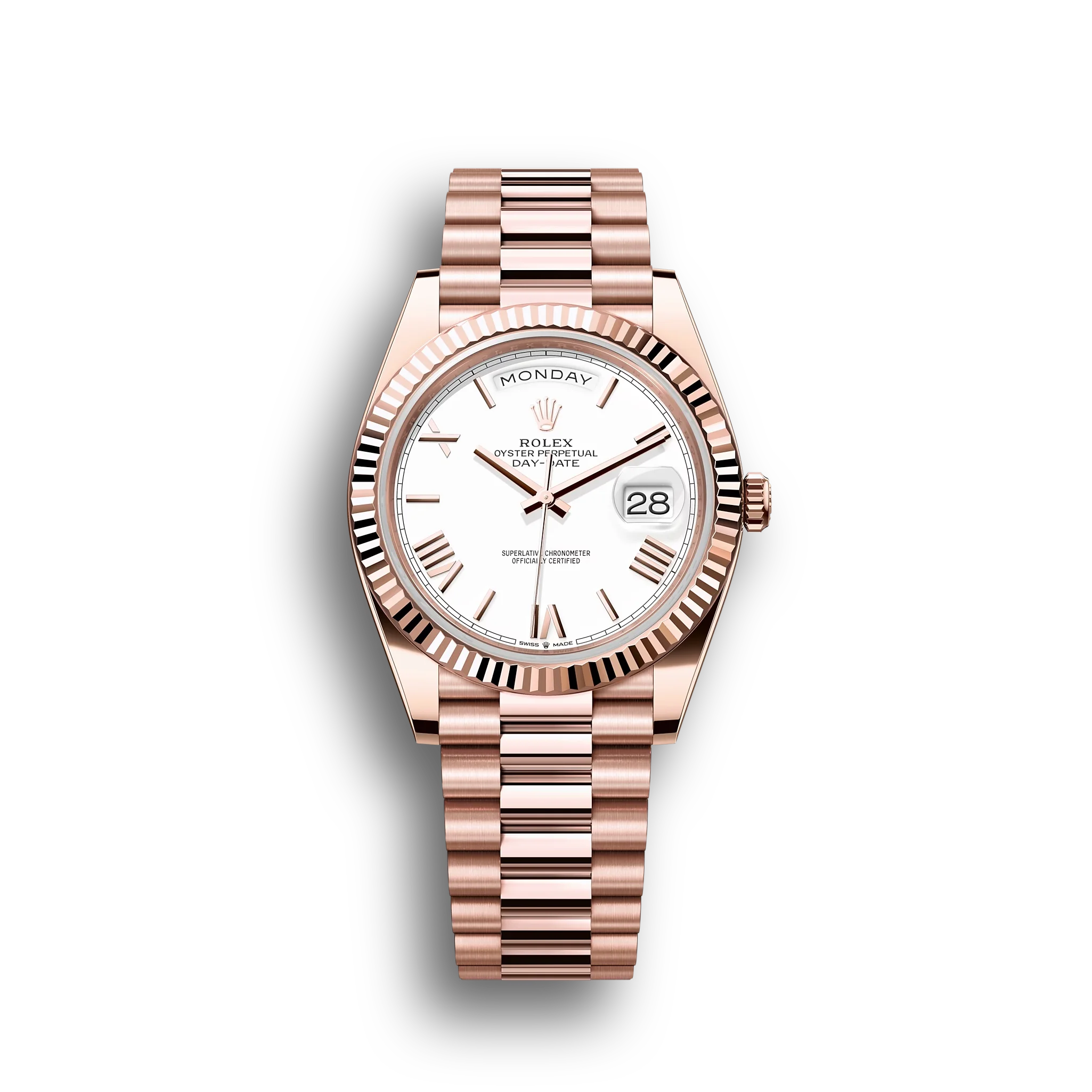 Day-Date: Everose gold, white dial, fluted bezel, President bracelet, m228235-0032