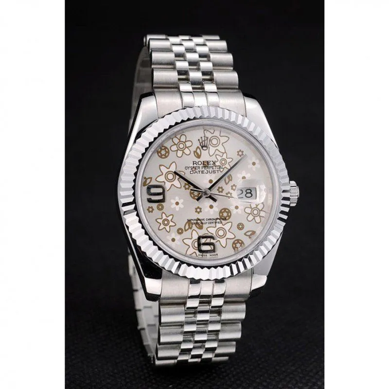 Swiss DateJust Stainless Steel Ribbed Bezel Flower Silver Dial 42001