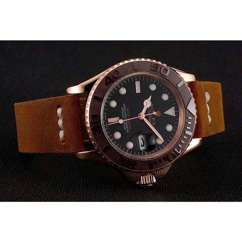 Yacht-Master Black Dial Brown Bezel Rose Gold Case Brown Leather Bracelet 1453860