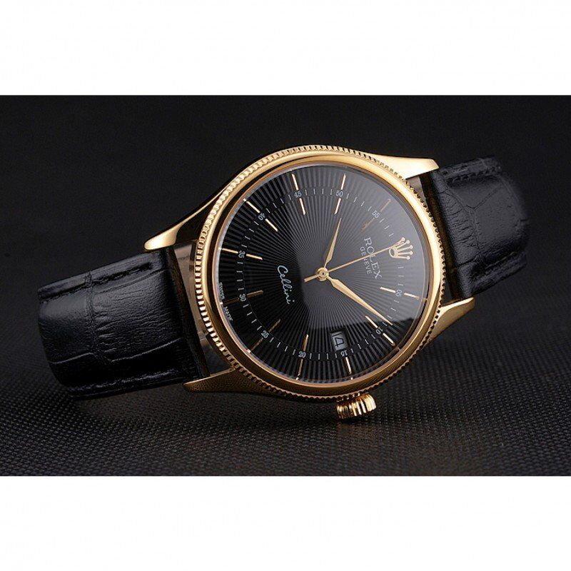 Cellini Date Black Dial Gold Case Black Leather Strap