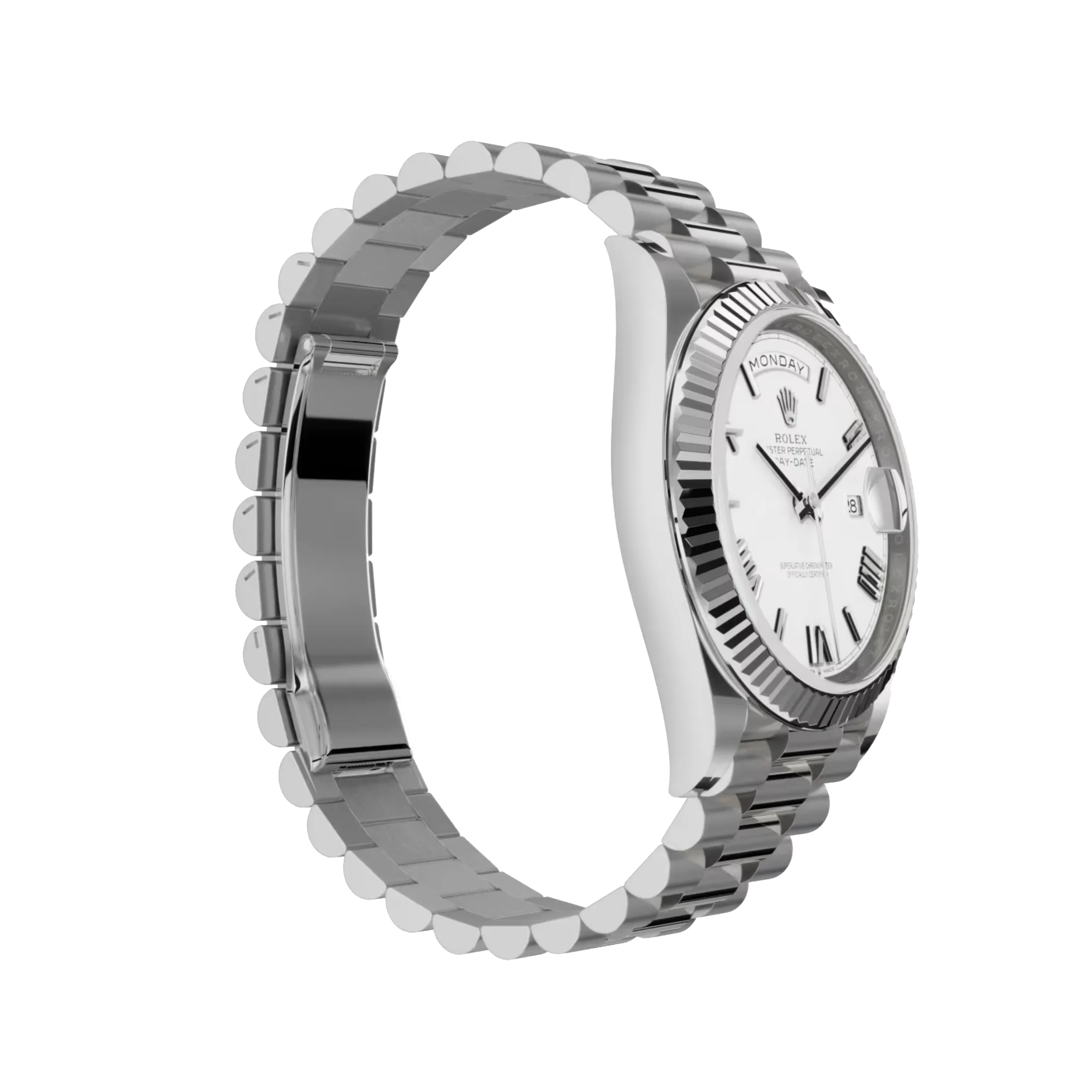 Day-Date: White gold, white dial, fluted bezel, President bracelet, m228239-0046