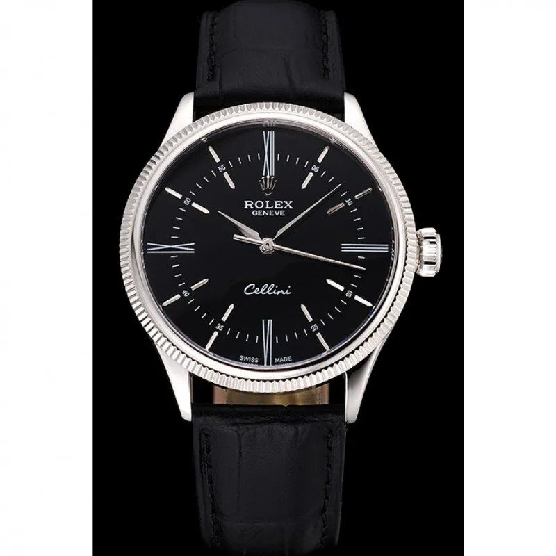 Swiss Cellini Time Silver Case Black Dial Black Leather Bracelet 622654
