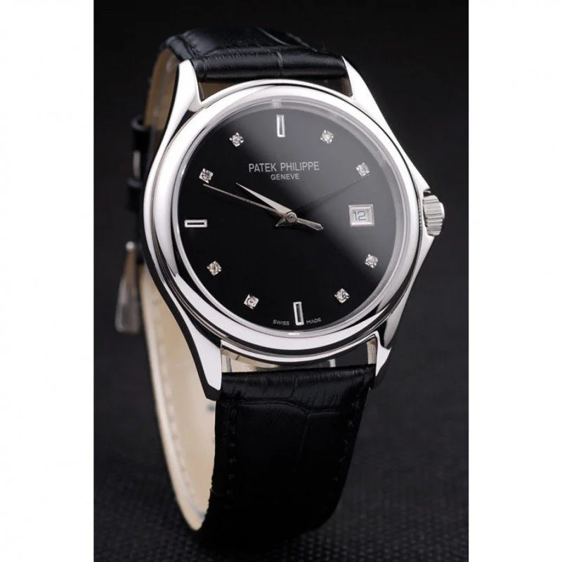 Geneve Calatrava Crystal Studded Dial Black 38 mm, Stainless Steel