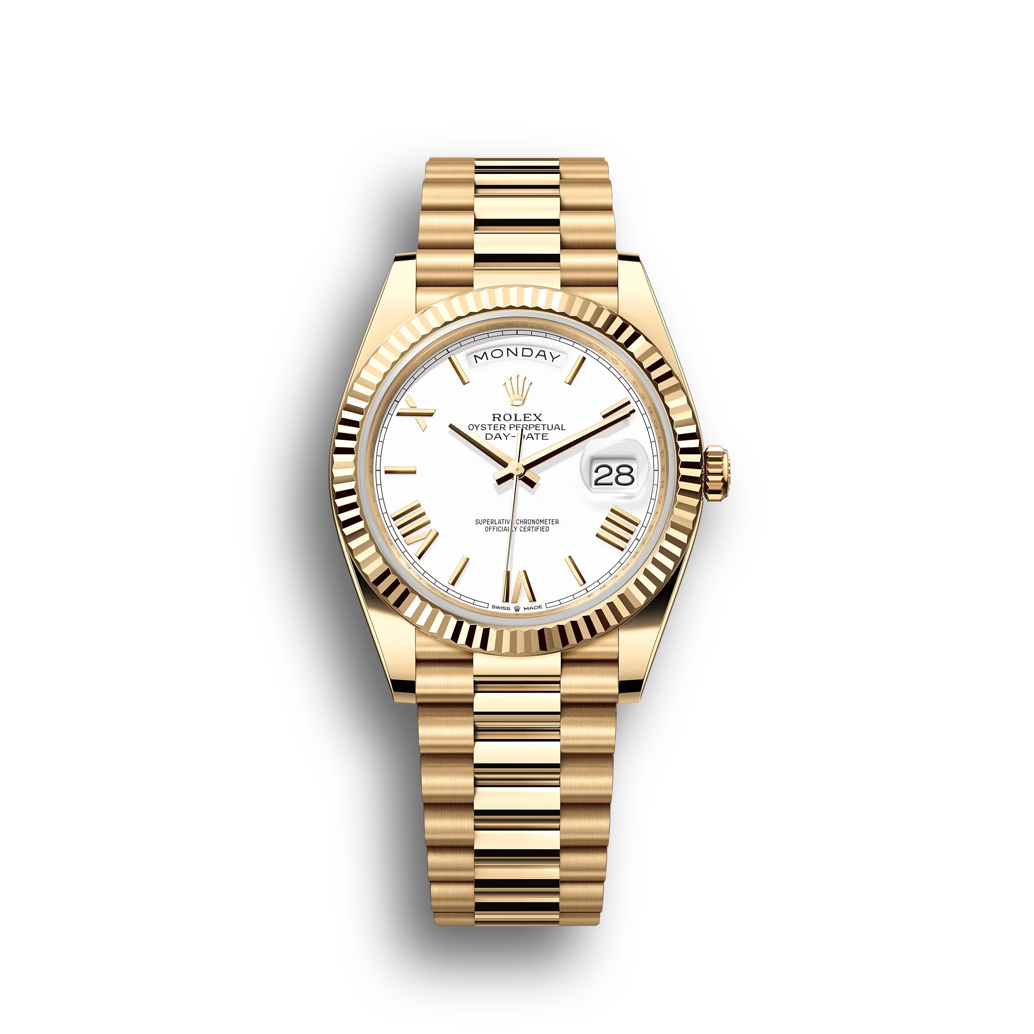 Day-Date: yellow gold with a white dial, fluted bezel and a President bracelet, m228238-0042