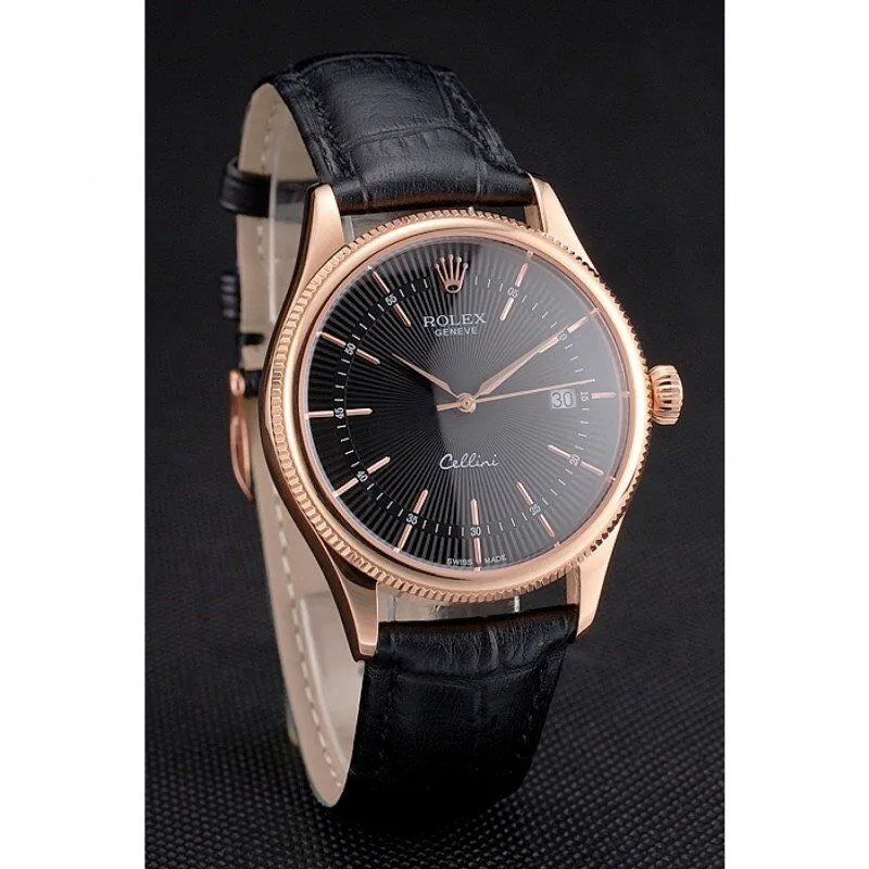 Swiss Cellini Date Black Dial Rose Gold Markings Rose Gold Case Black Leather Strap