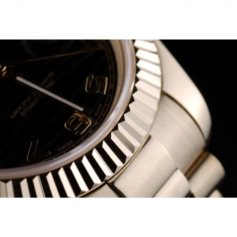 Swiss Day-Date Gold Stainless Steel Ribbed Bezel Black Dial 41998