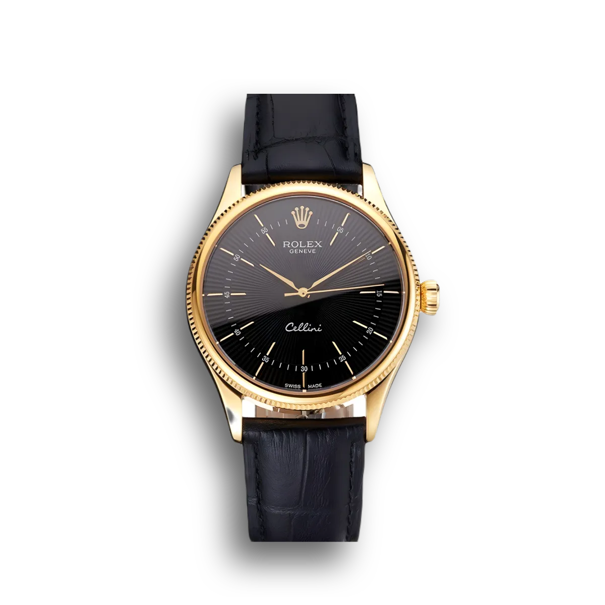 Swiss Cellini Black Dial Gold Markings Gold Case Black Leather Strap