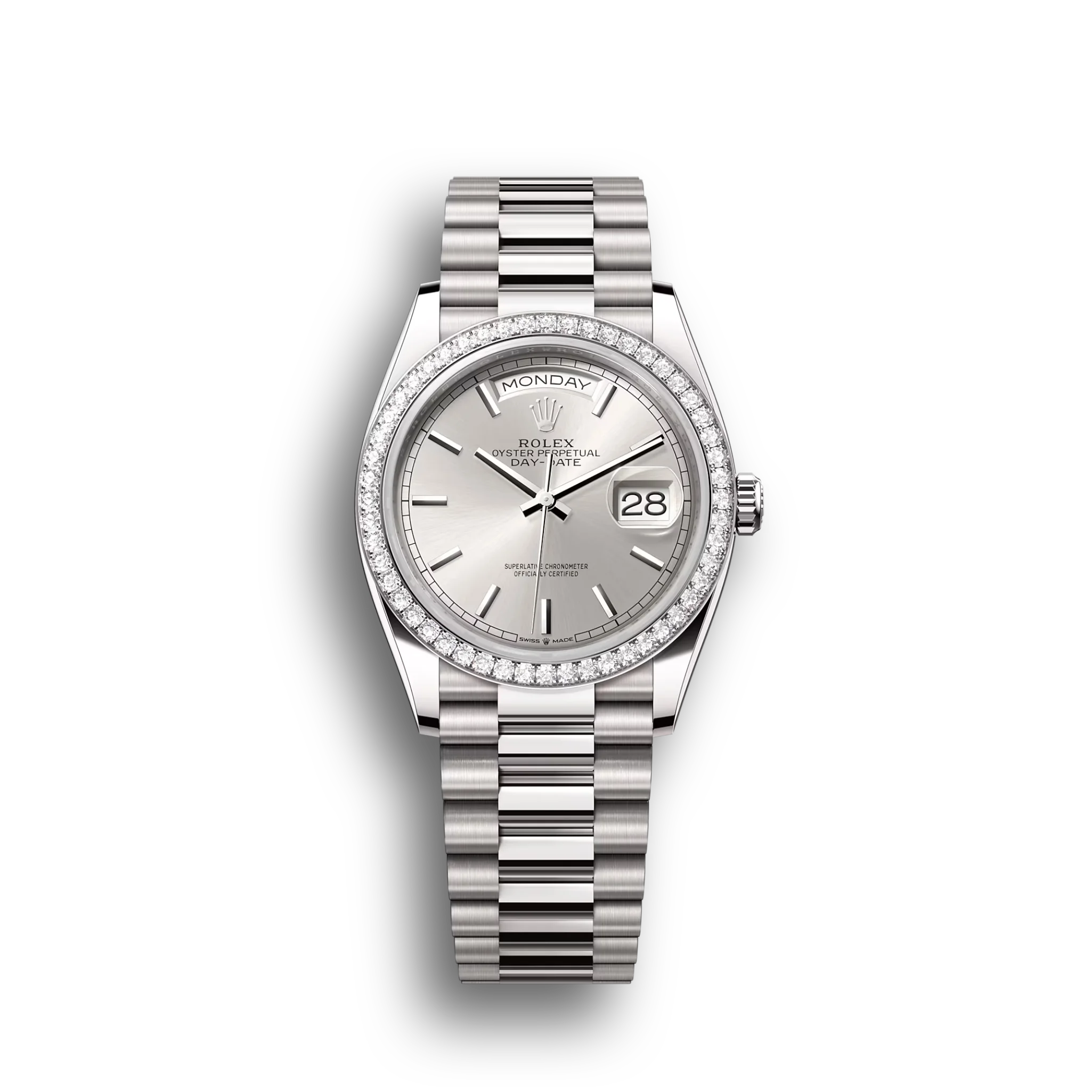 Day-Date: white gold, silver dial, diamond-set bezel, President bracelet, m128349rbr-0001