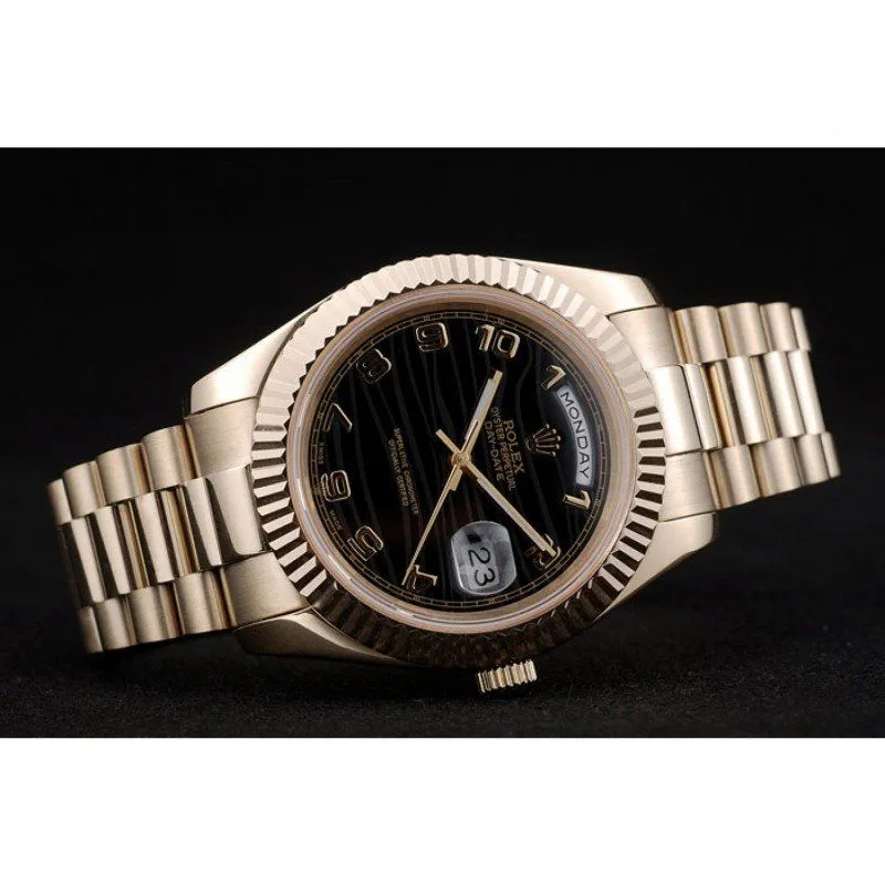 Swiss Day-Date Gold Stainless Steel Ribbed Bezel Black Dial 41998