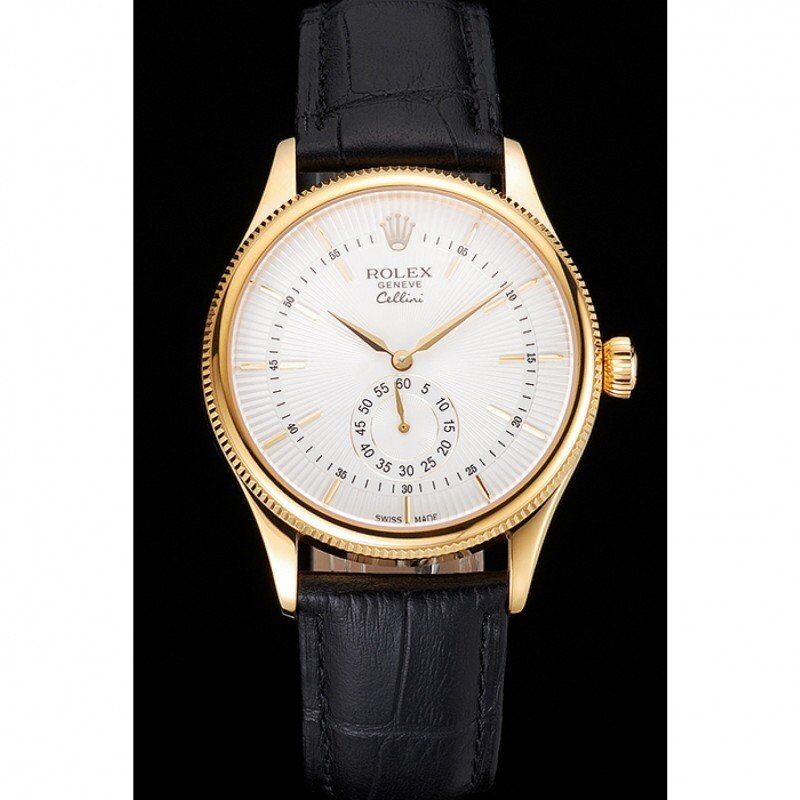 Swiss Cellini White Dial Gold Case Black Leather Strap