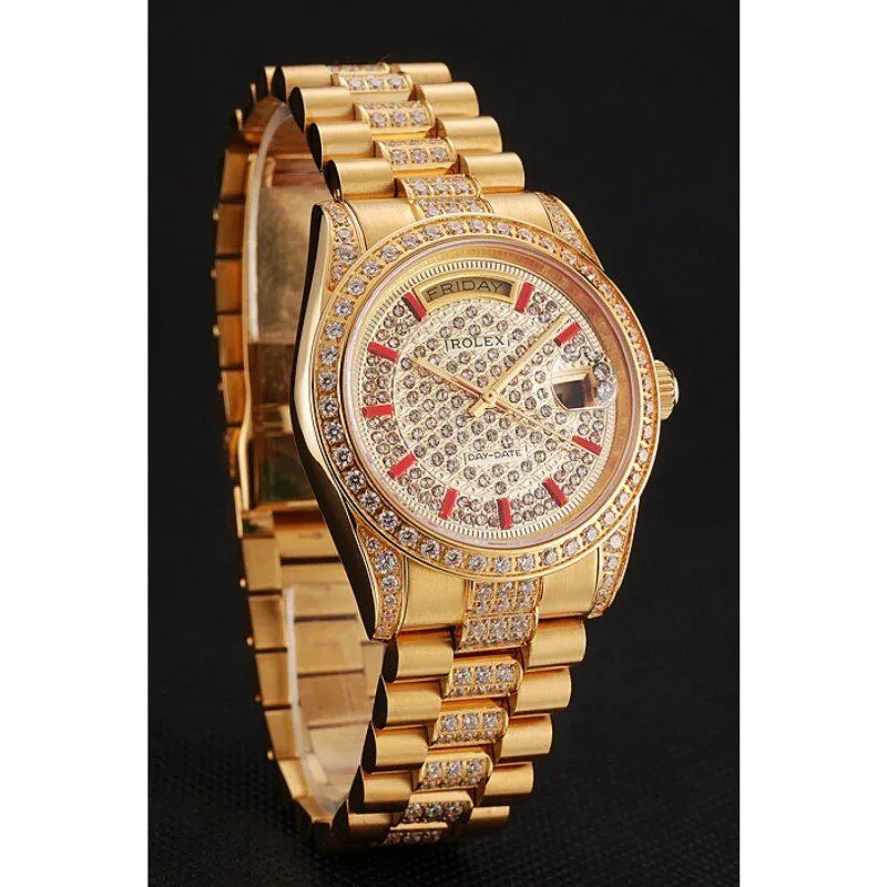 Swiss Day-Date Red Diamond Pave Dial Gold Diamond Bracelet 1453960