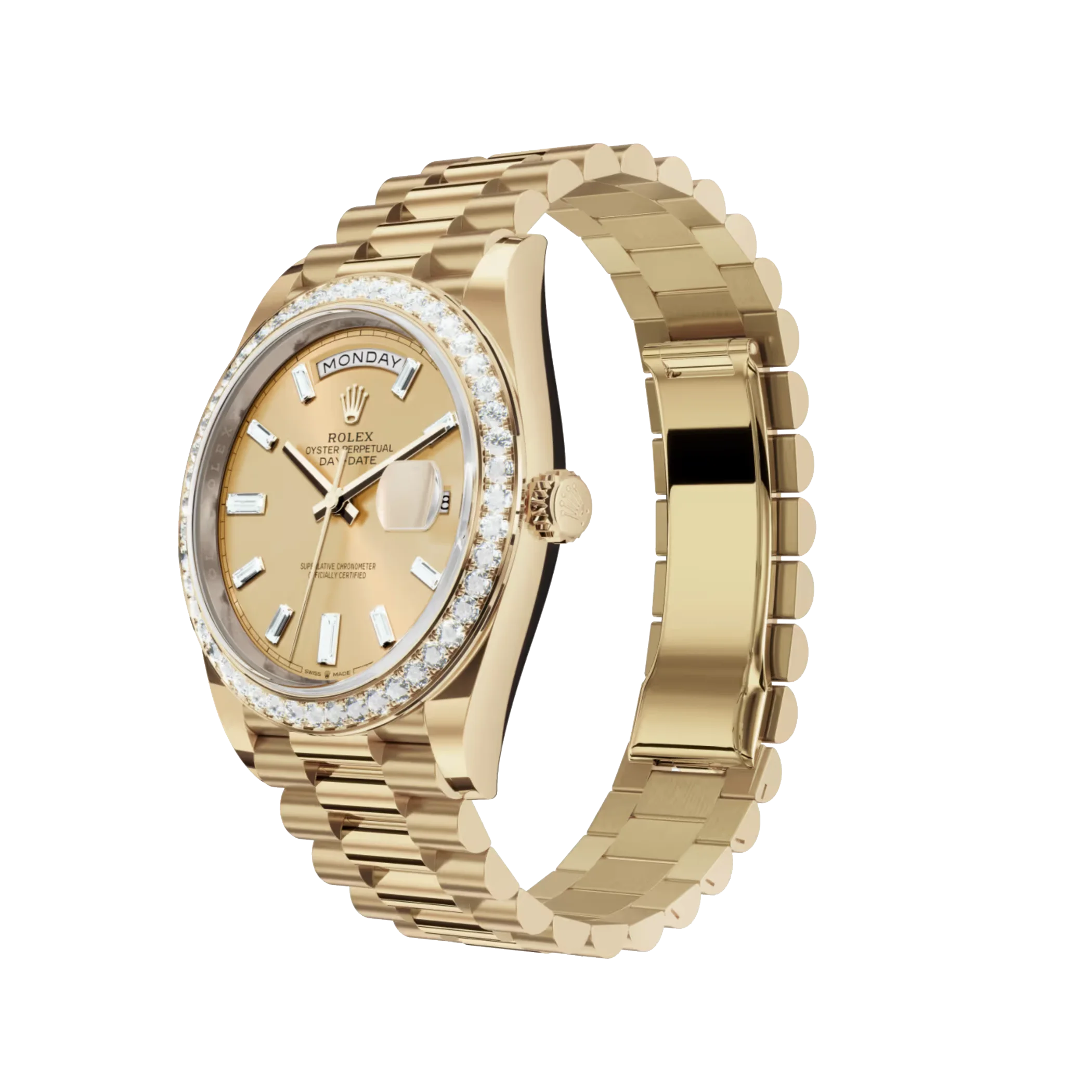 Day-Date: Yellow gold, with a champagne colour, Diamond-set dial, Diamond-set bezel and a President bracelet, m228348rbr-0002