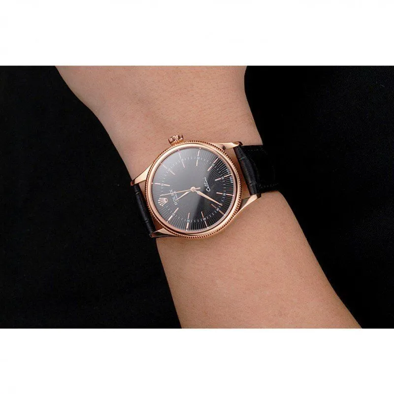 Swiss Cellini Black Dial Rose Gold Markings Rose Gold Case Black Leather Strap