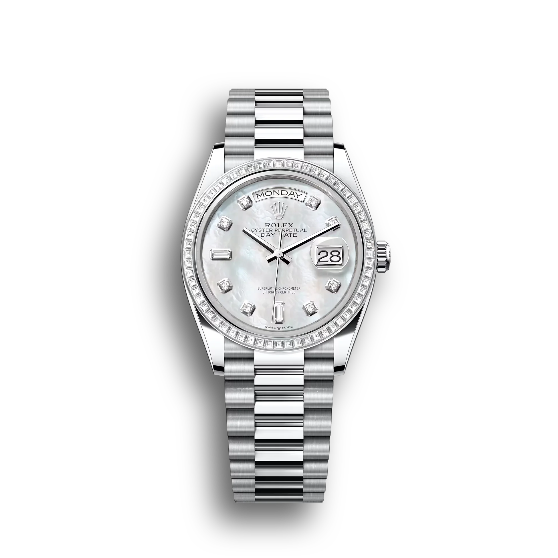 Day-Date: platinum, white mother-of-pearl, diamond-set, m128396tbr-0005