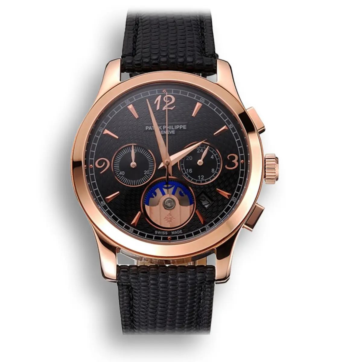 Chronograph Black Guilloche Dial Black 43 mm, Rose Gold Plated
