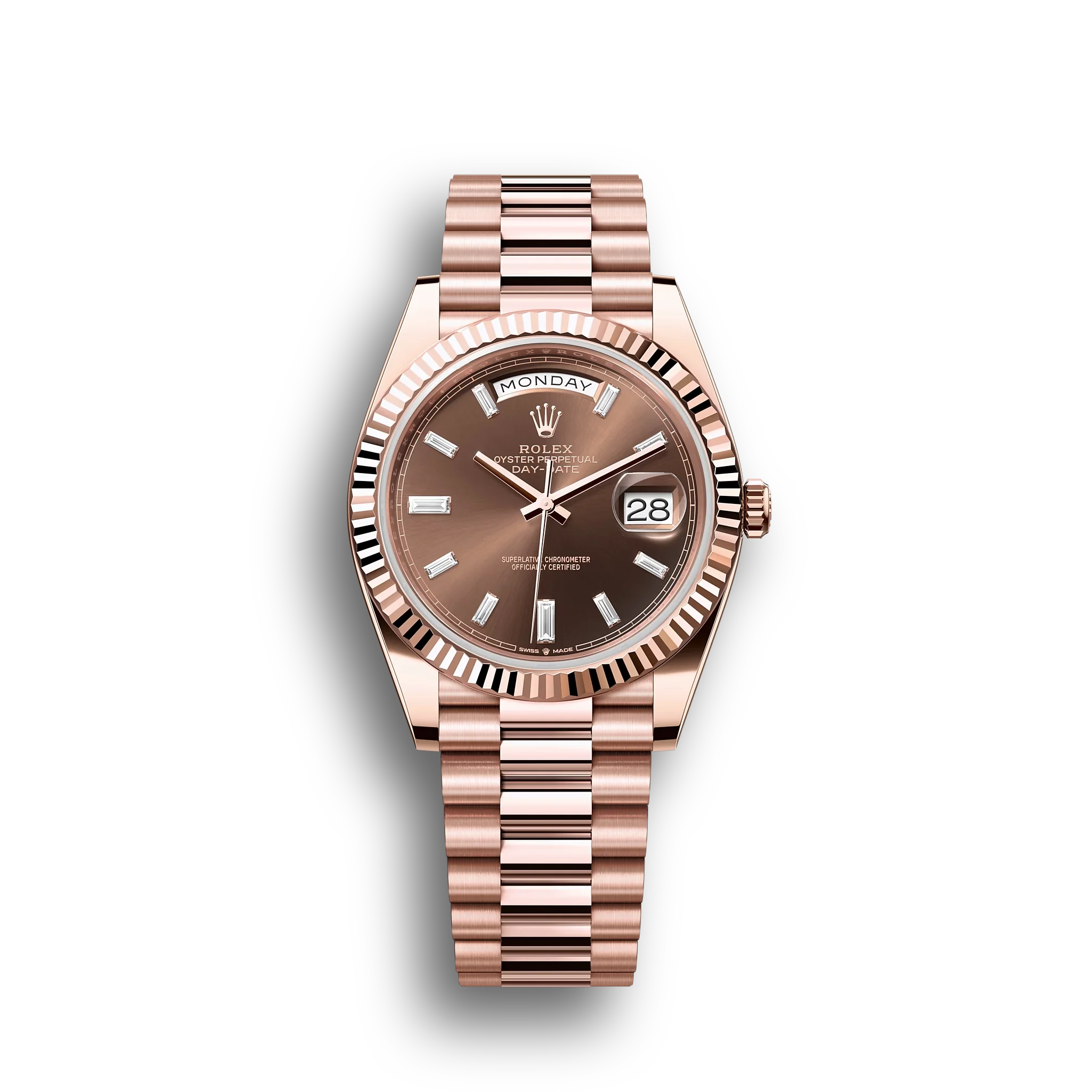 Day-Date: 40 Everose gold, chocolate, diamond-set dial, fluted bezel, President bracelet, m228235-0003