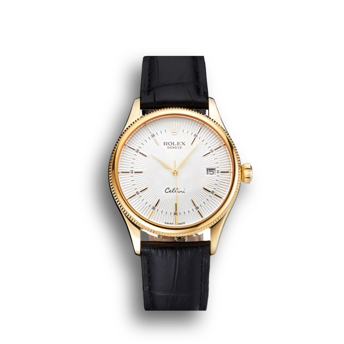 Swiss Cellini Date White Dial Gold Case Black Leather Strap