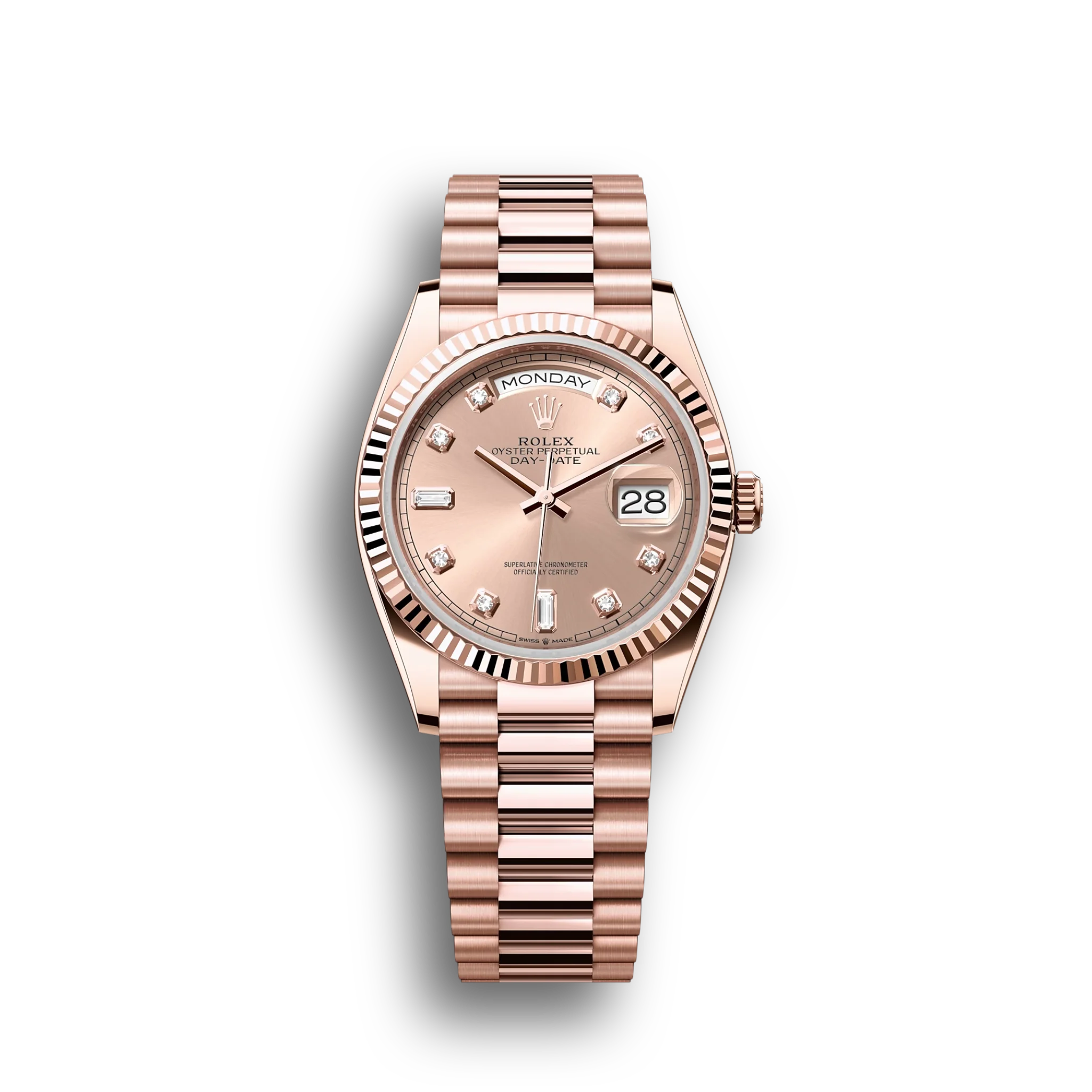 Day-Date: 36 Everose gold, rosé colour, diamond-set dial, fluted bezel, President bracelet, m128235-0009
