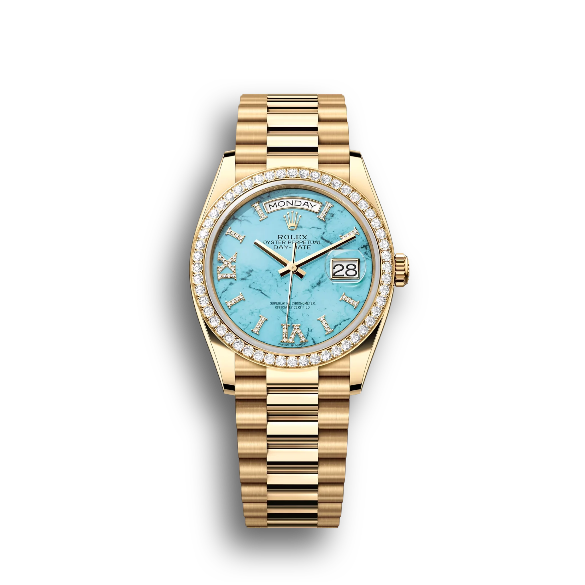 Day-Date: Yellow gold, turquoise, diamond-set dial, diamond-set bezel, President bracelet, m128348rbr-0037