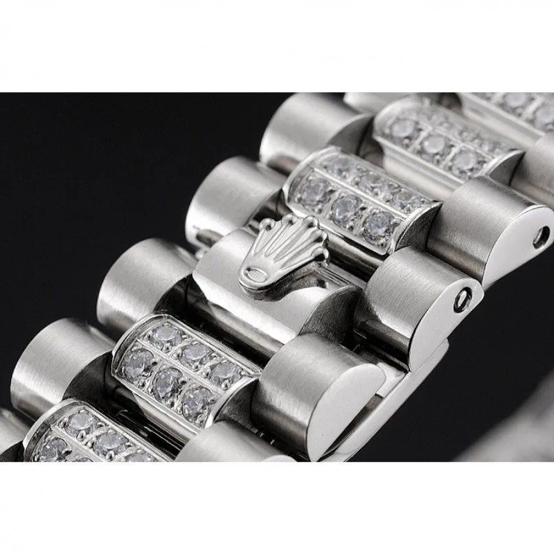 Swiss Day-Date Diamond Pave Dial And Bezel And Stainless Steel Bracelet