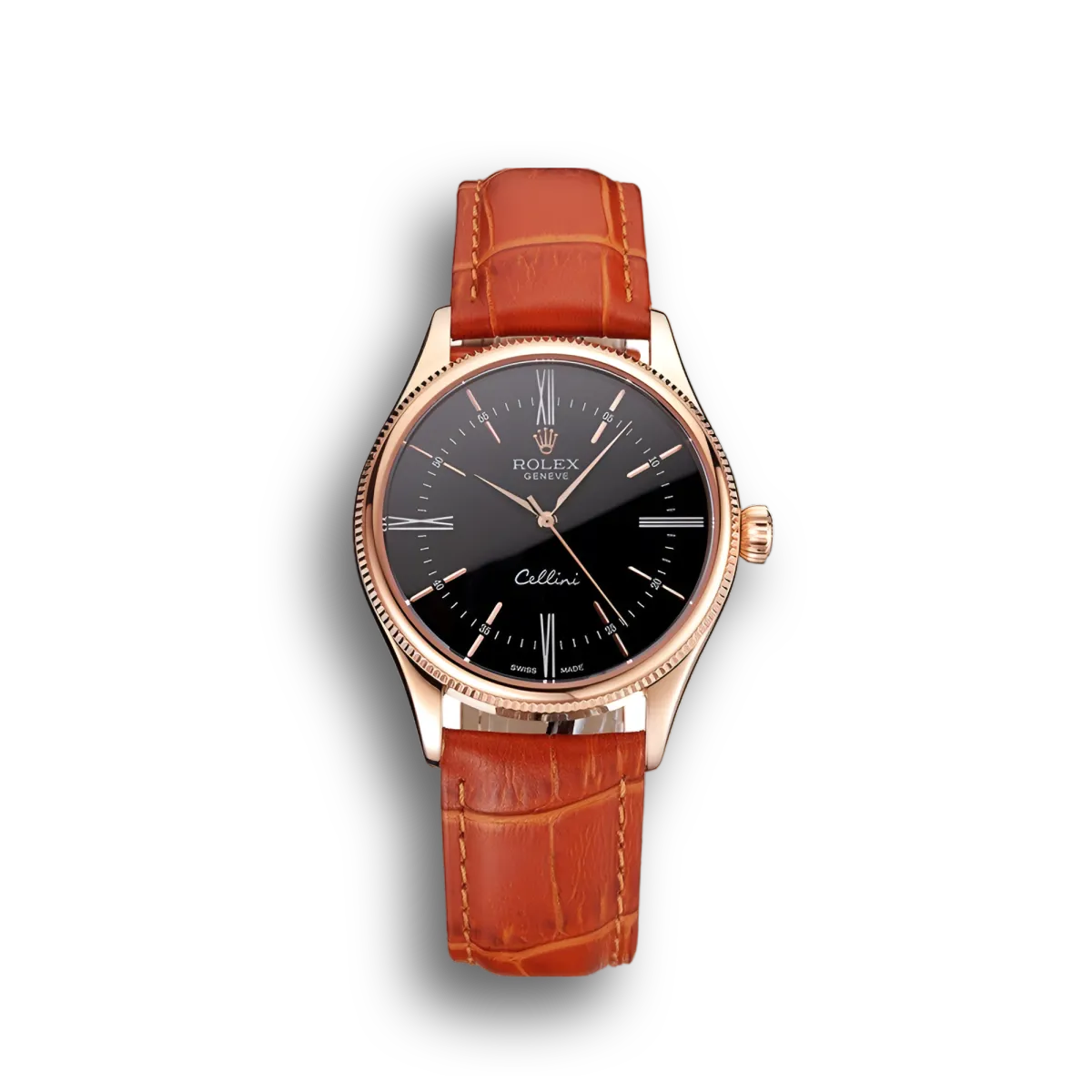 Swiss Cellini Black Dial Roman Numerals Rose Gold Case Light Brown Leather Strap
