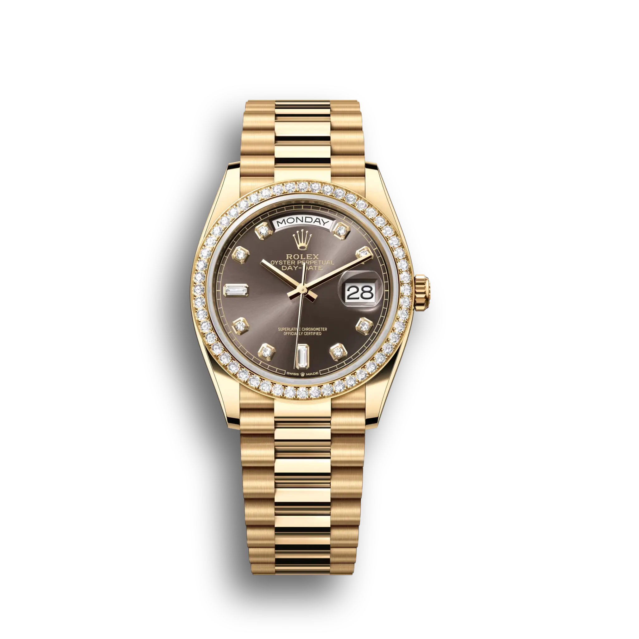 Day-Date: Yellow gold, dark grey, diamond-set dial, diamond-set bezel, President bracelet, m128348rbr-0005