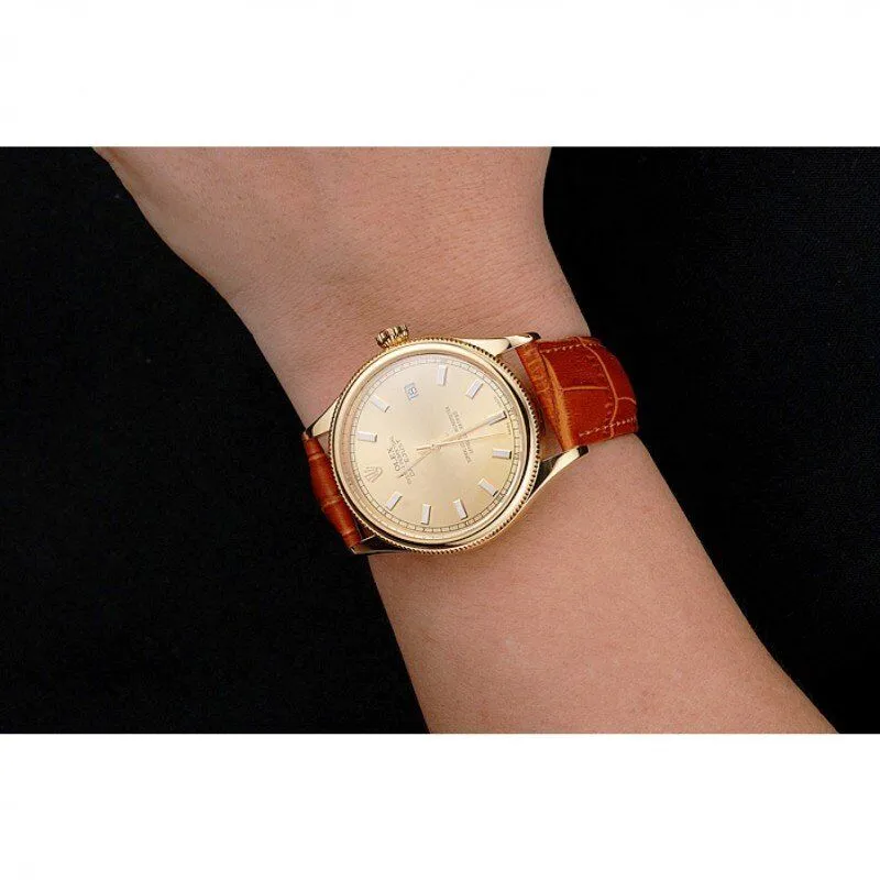 Datejust Gold Dial Gold Case Light Brown Leather Strap