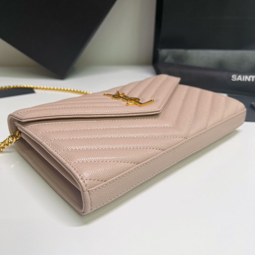 YSL CASSANDRE MATELASSÉ CHAIN WALLET IN GRAIN DE POUDRE EMBOSSED LEATHER