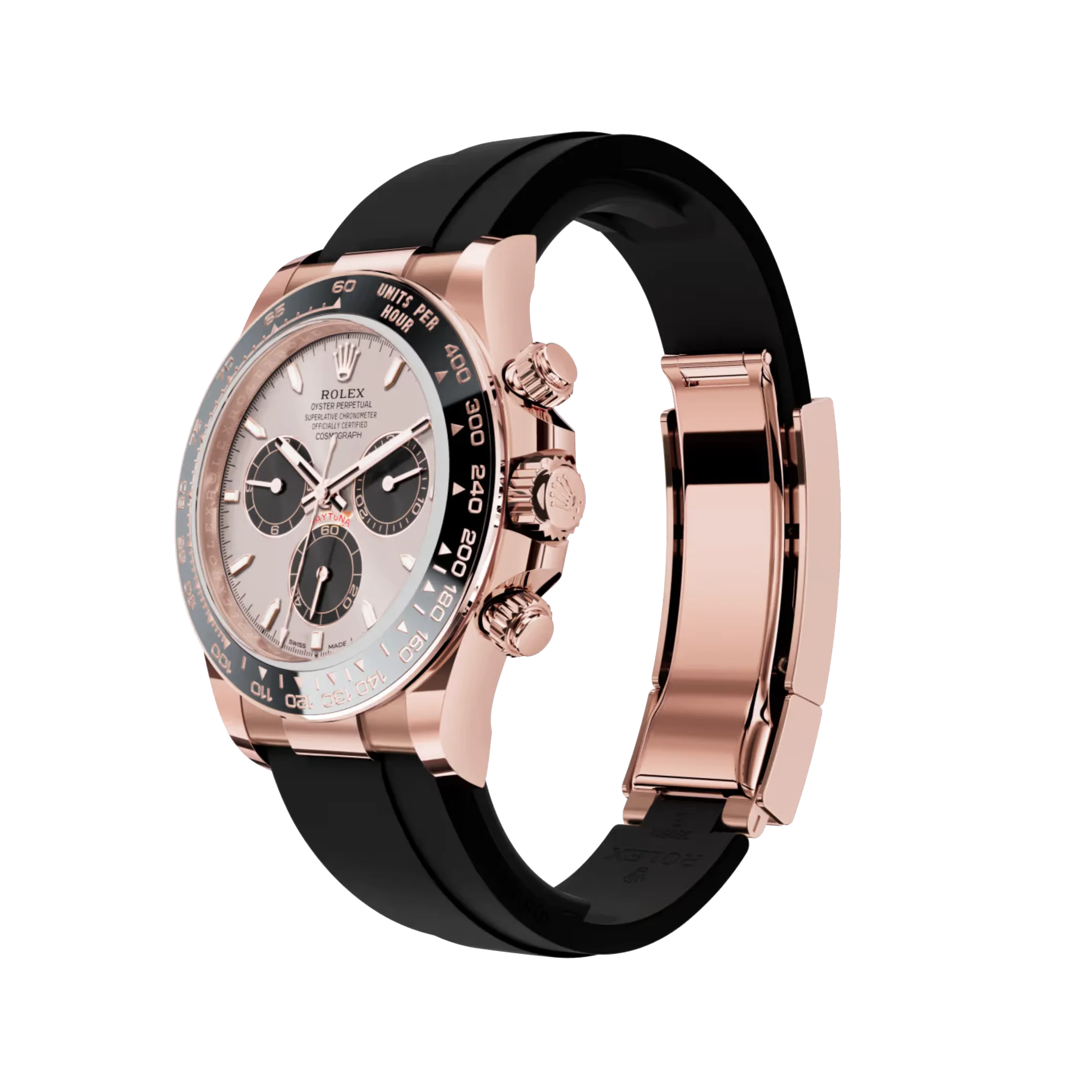 Cosmograph Daytona: Everose gold, Sundust and bright black dial, Oysterflex bracelet, black Cerachrom bezel, m126515ln-0006