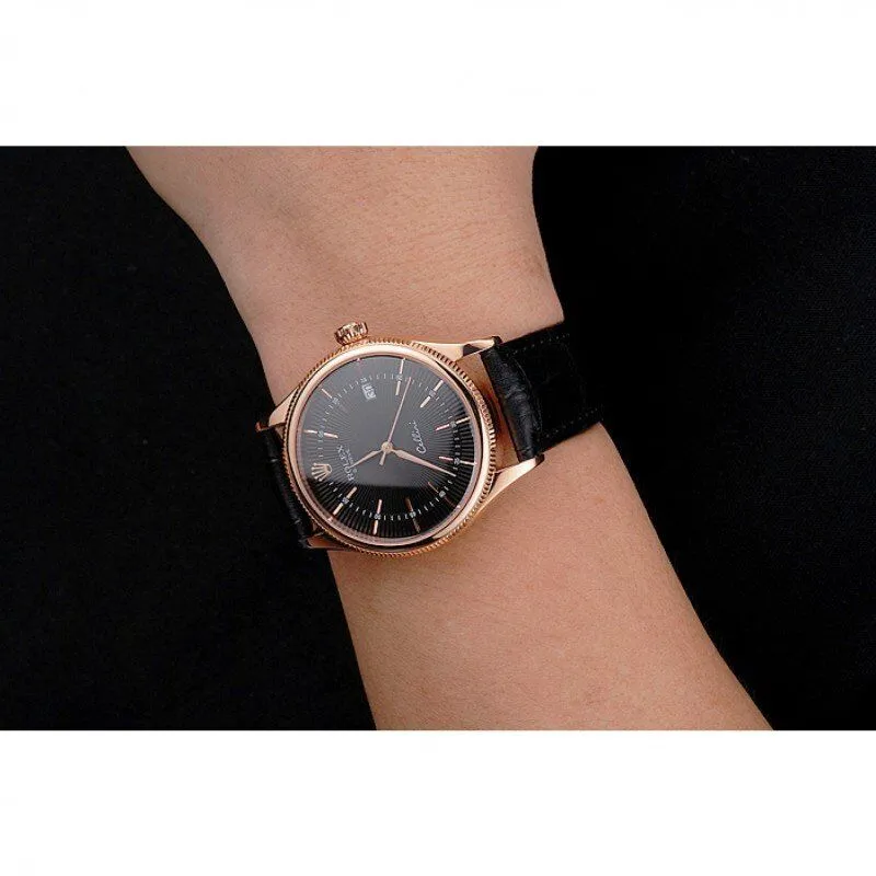 Swiss Cellini Date Black Dial Rose Gold Markings Rose Gold Case Black Leather Strap