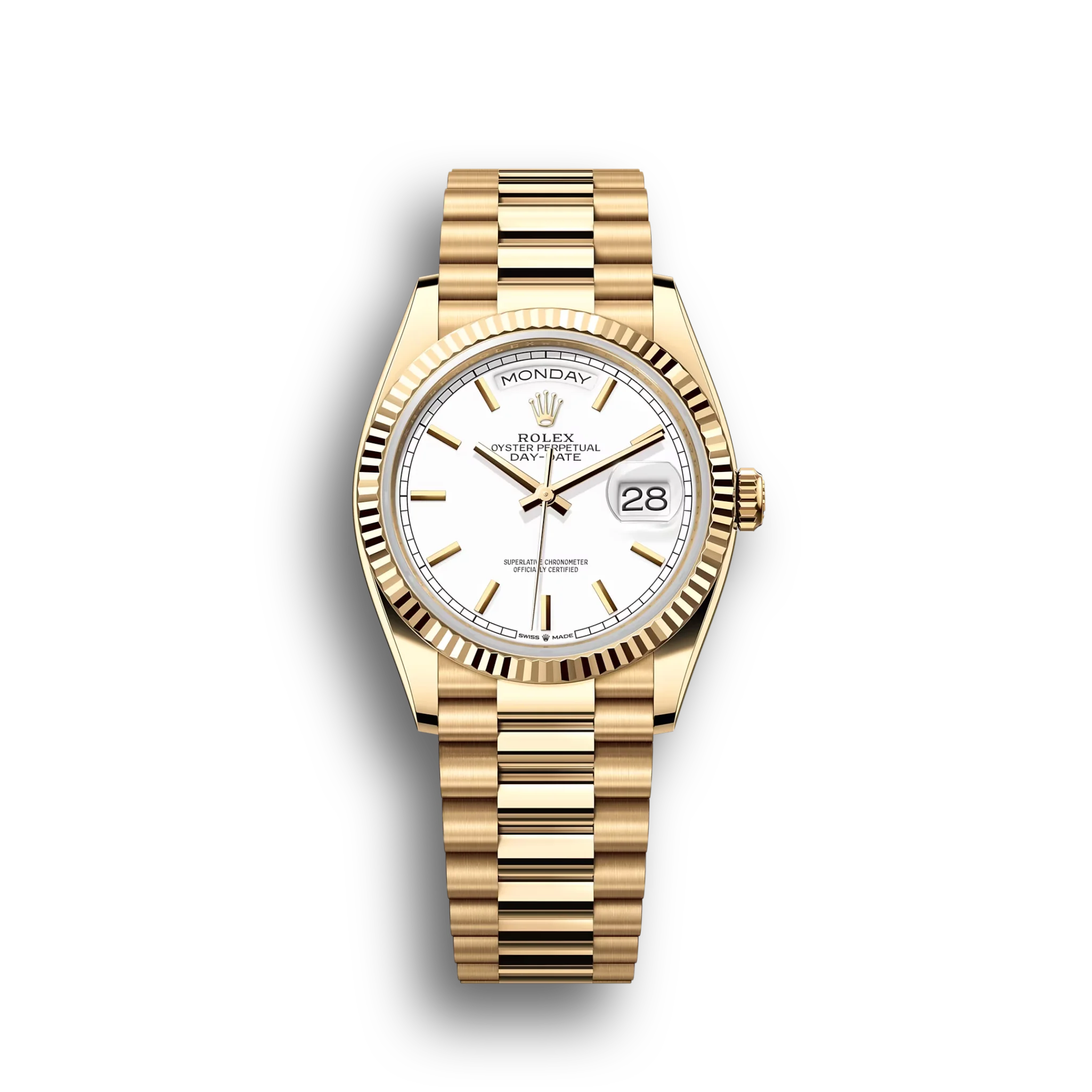 Day-Date: Yellow gold, white dial, President bracelet, m128238-0081