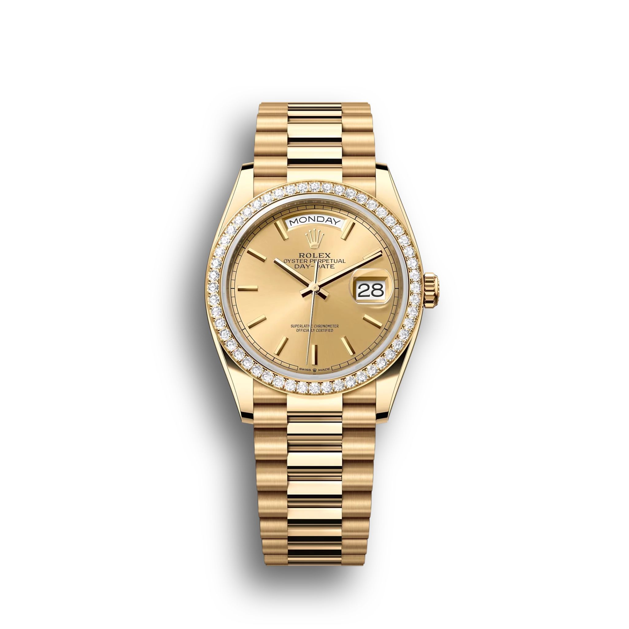 Day-Date: Yellow gold, champagne-colour dial, diamond-set bezel, President bracelet, m128348rbr-0026