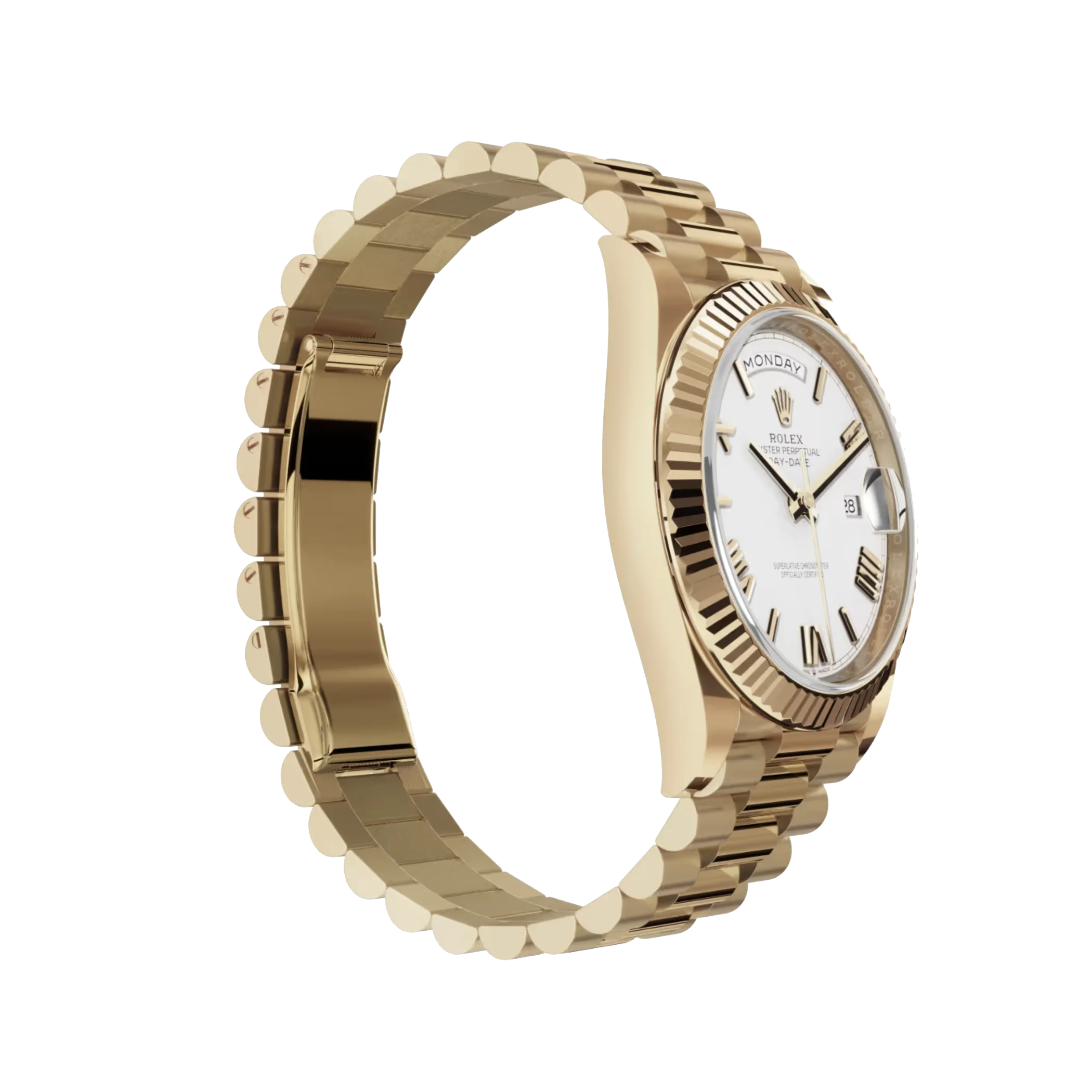 Day-Date: Yellow gold, white dial, fluted bezel, President bracelet, m128238-0076
