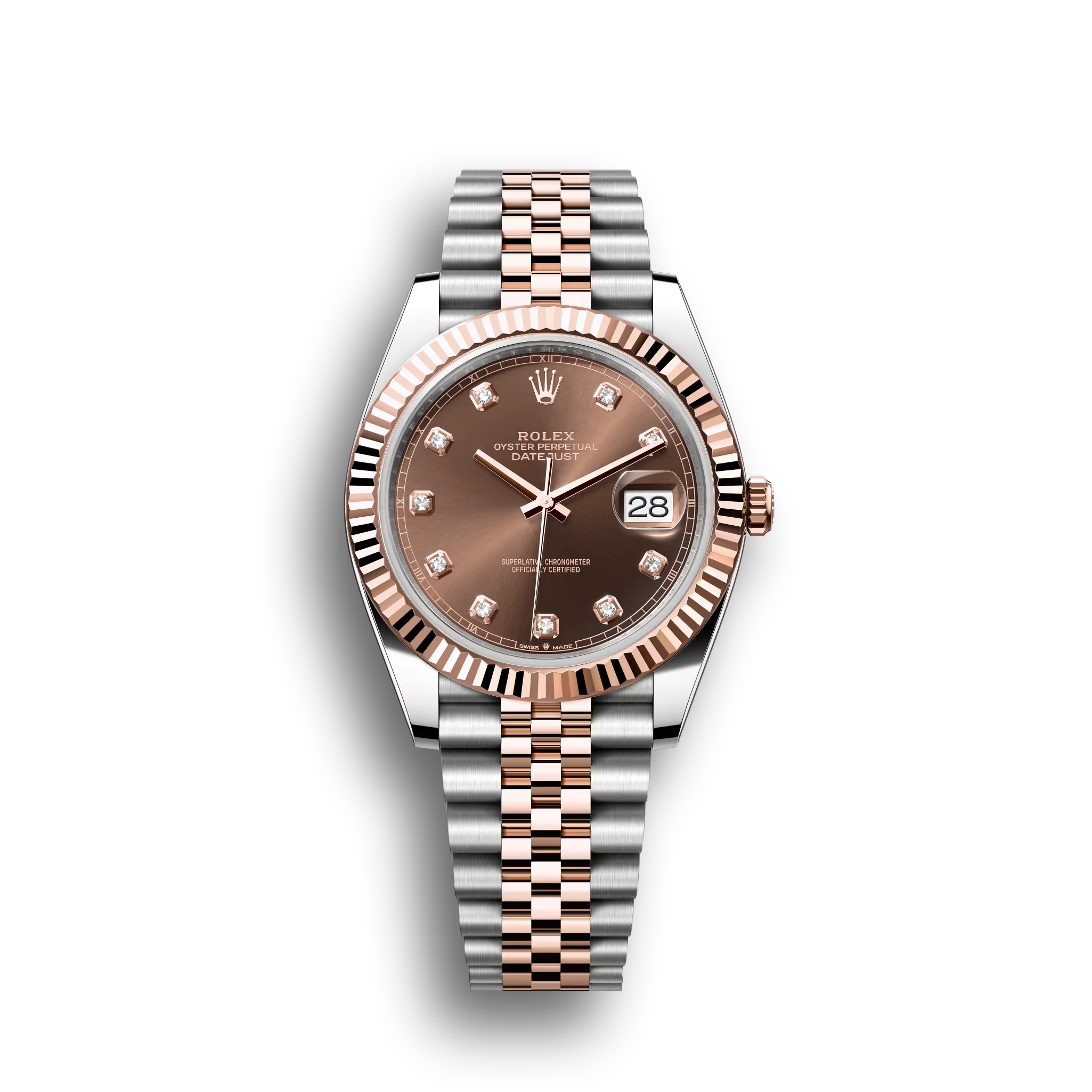 Datejust: Oystersteel and Everose gold, chocolate, diamond-set dial, Jubilee bracelet, m126331-0004