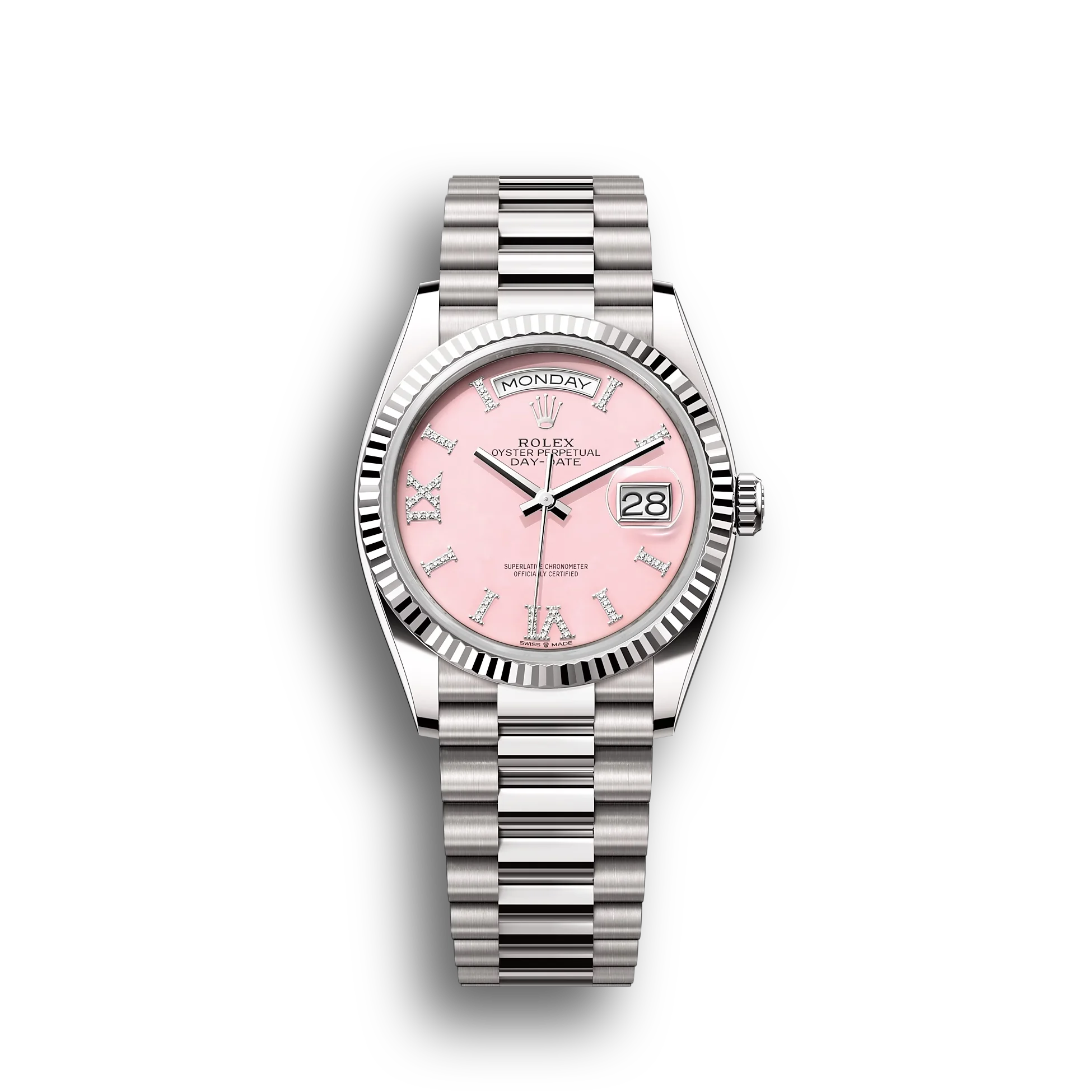 Day-Date: White gold, pink opal, diamond-set dial, fluted bezel, President bracelet, m128239-0021
