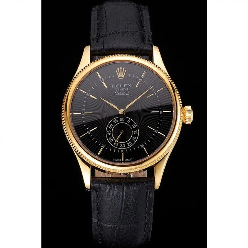 Swiss Cellini Black Dial Gold Case Black Leather Strap