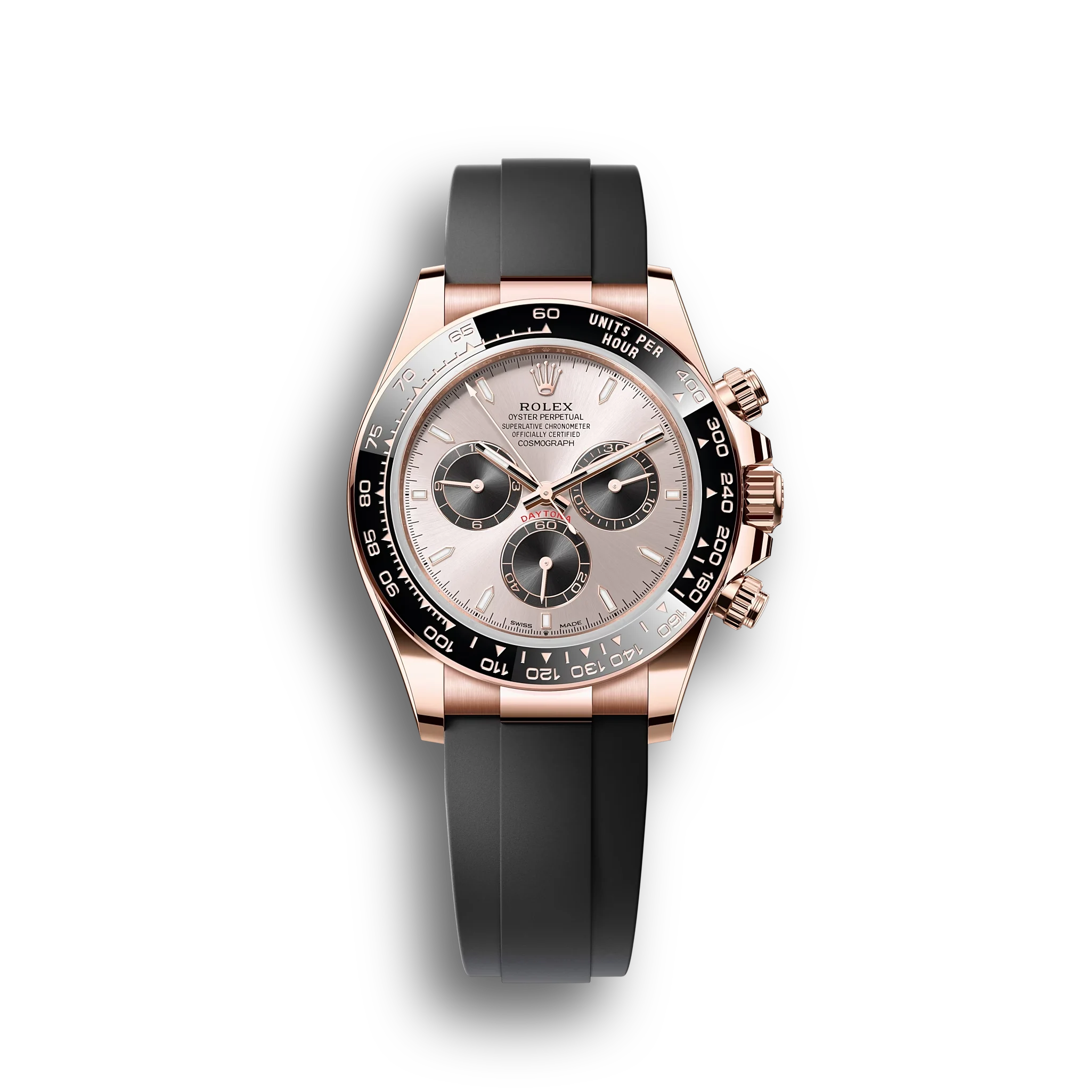 Cosmograph Daytona: Everose gold, Sundust and bright black dial, Oysterflex bracelet, black Cerachrom bezel, m126515ln-0006
