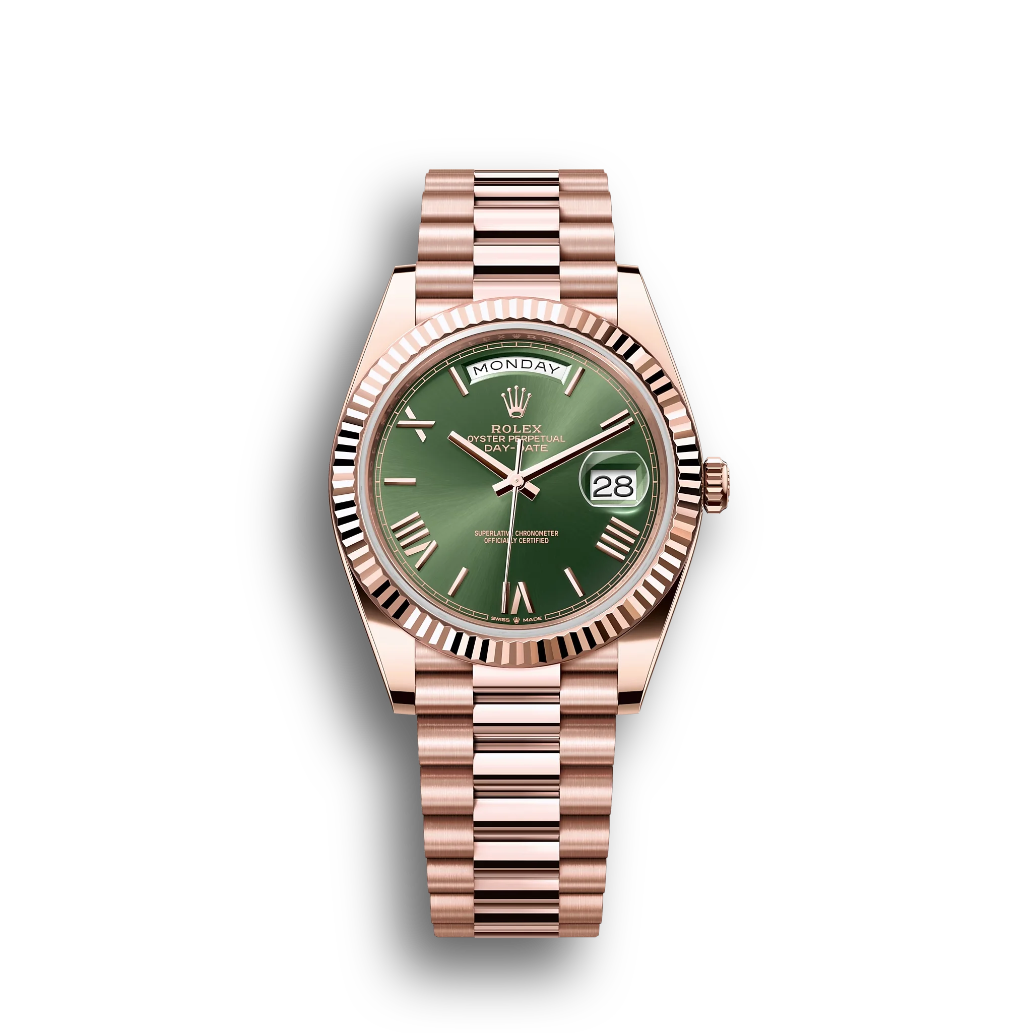 Day-Date: 40 Everose gold, olive-green dial, fluted bezel, President bracelet, m228235-0025