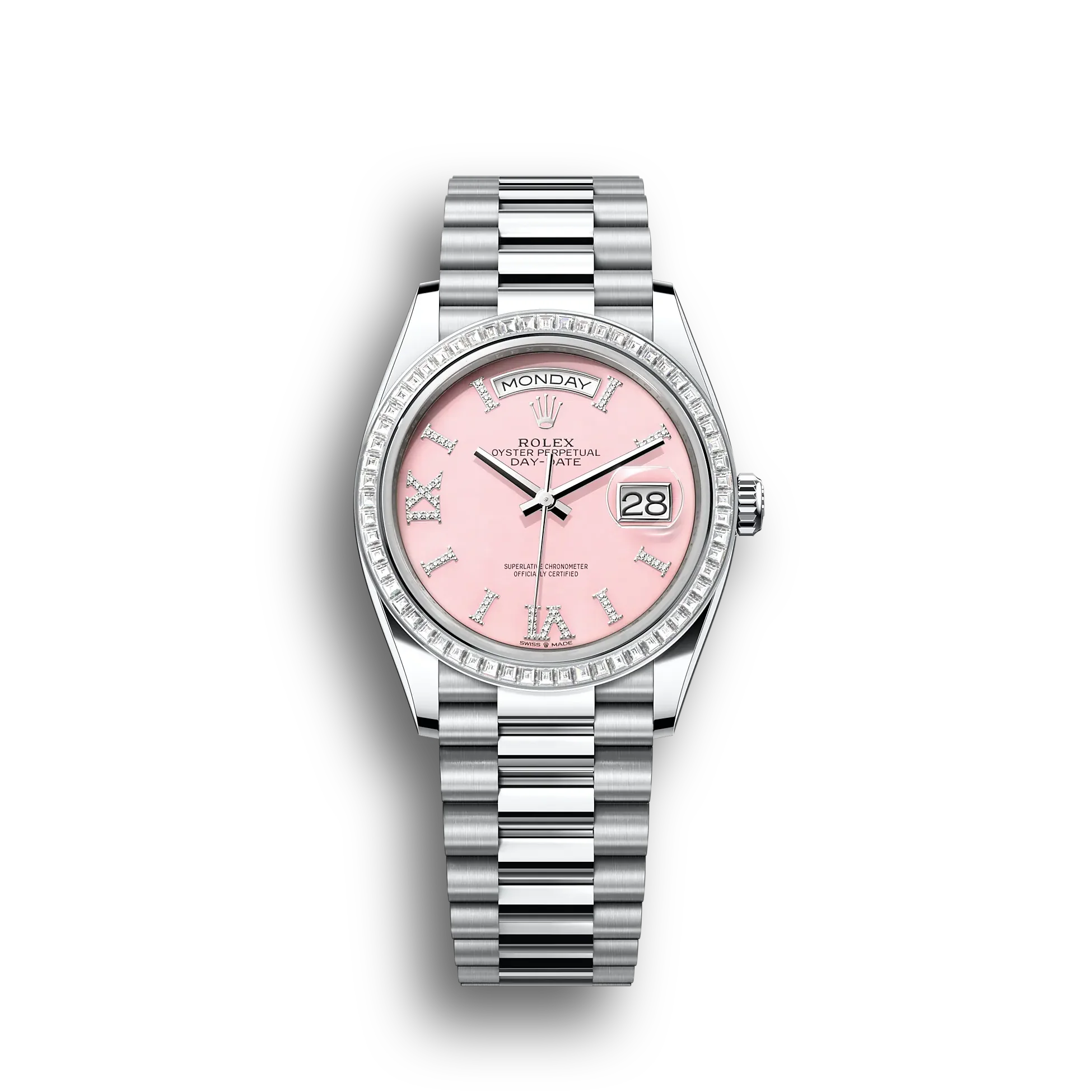 Day-Date: platinum, pink opal, diamond-set dial, diamond-set bezel, President bracelet, m128396tbr-0009