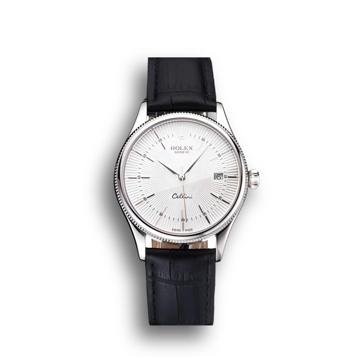 Swiss Cellini Date White Dial Stainless Steel Case Black Leather Strap
