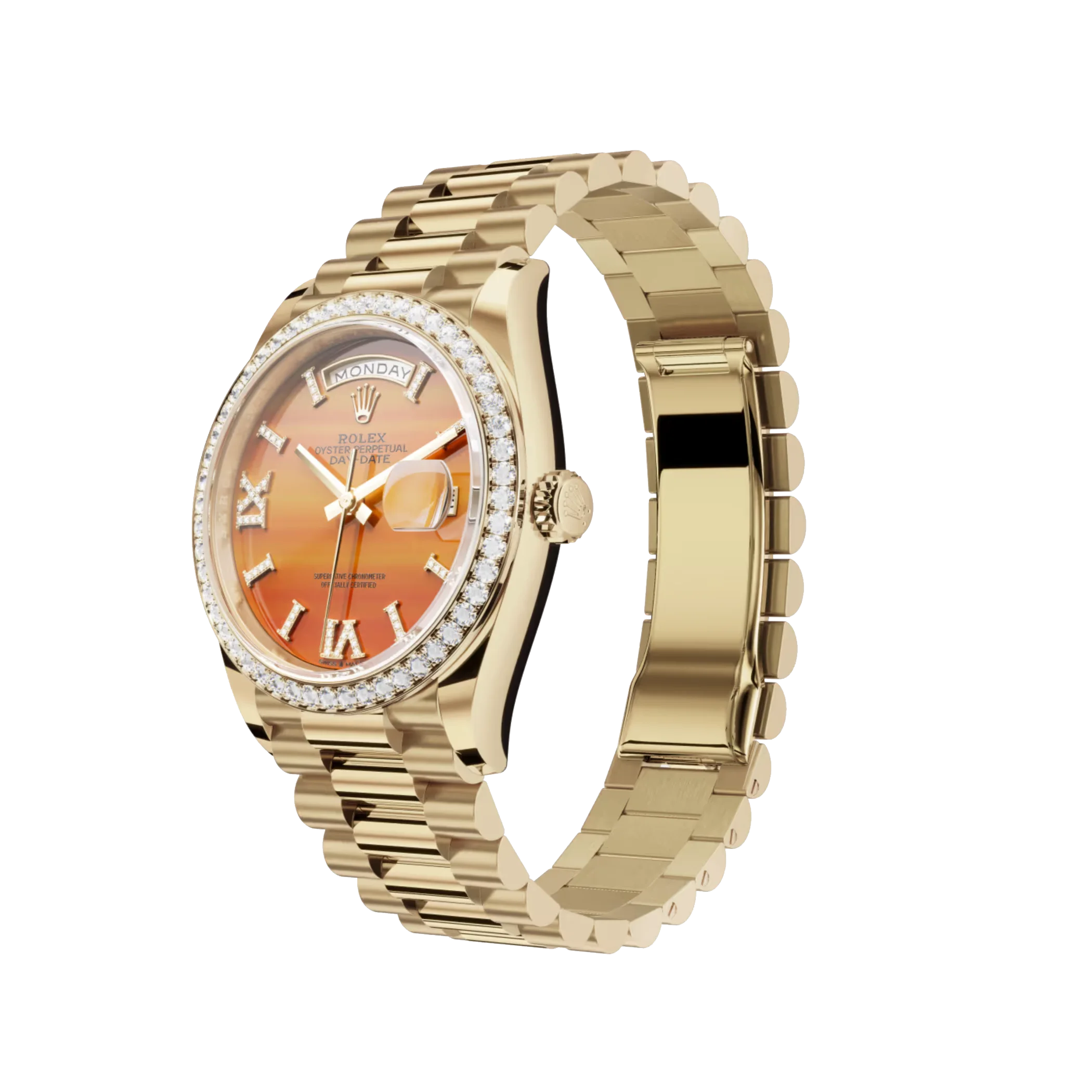 Day-Date: Yellow gold, with a carnelian, Diamond-set dial, Diamond-set bezel and a President bracelet, m128348rbr-0049