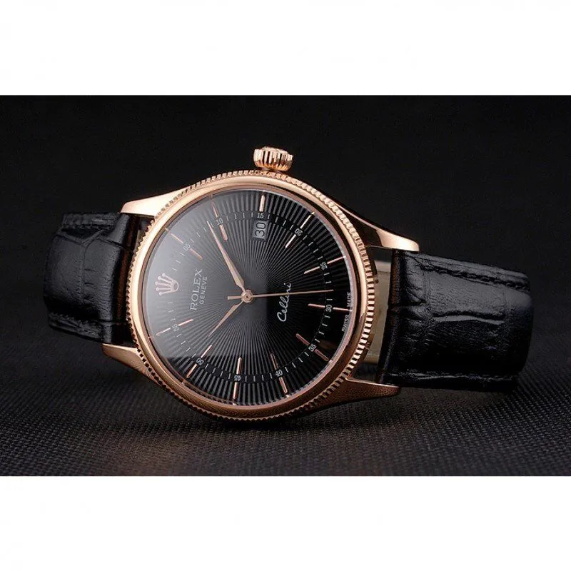 Swiss Cellini Date Black Dial Rose Gold Markings Rose Gold Case Black Leather Strap
