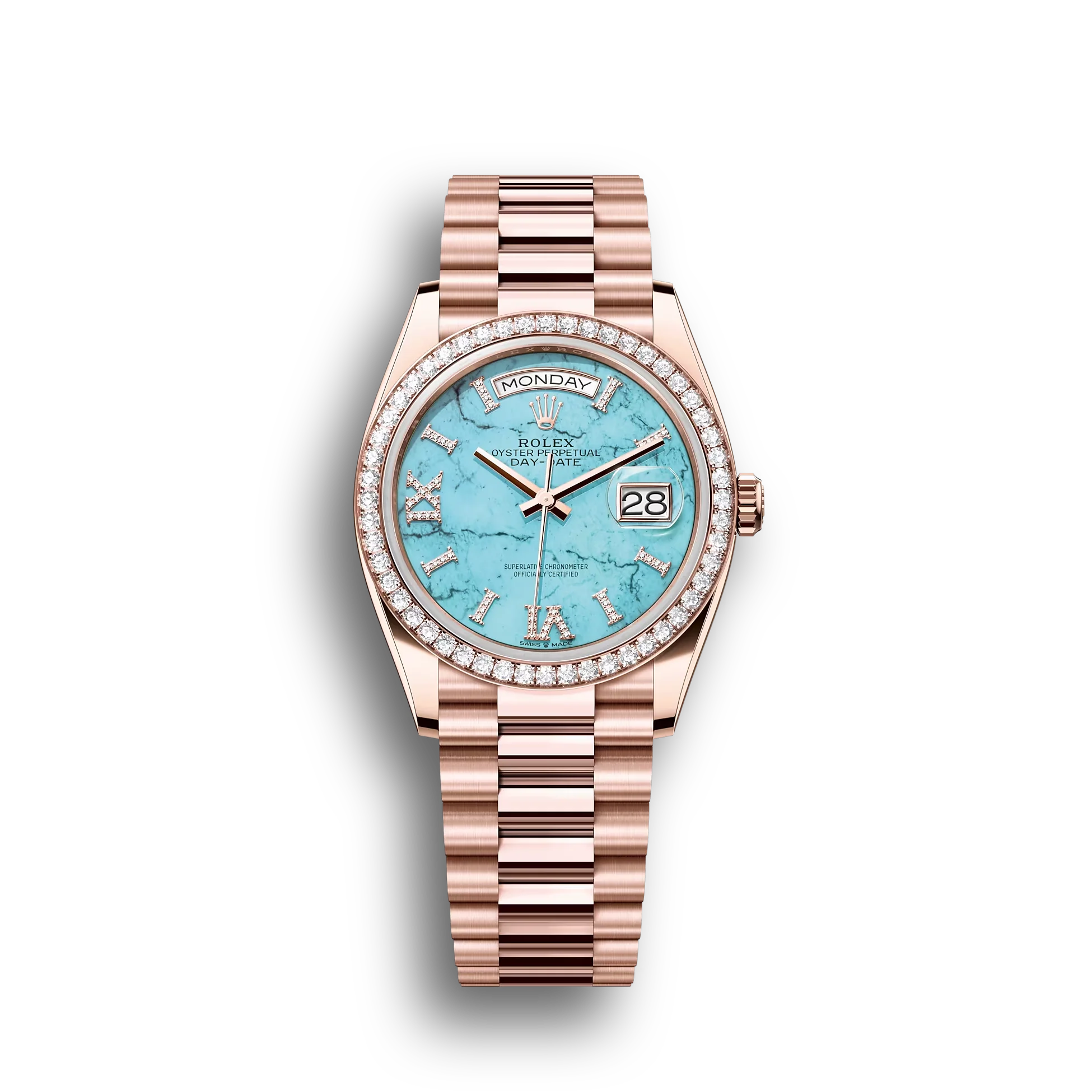 Day-Date: Everose gold, turquoise, diamond-set dial, diamond-set bezel, President bracelet, m128345rbr-0064