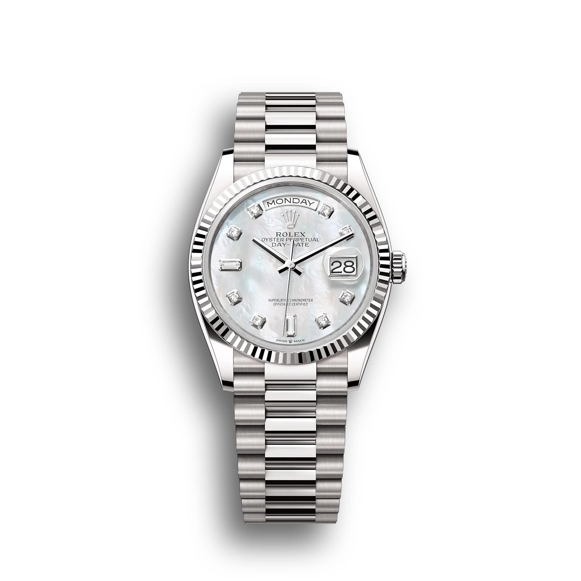Day-Date: White gold, white mother-of-pearl, diamond-set dial, fluted bezel, President bracelet, m128239-0007