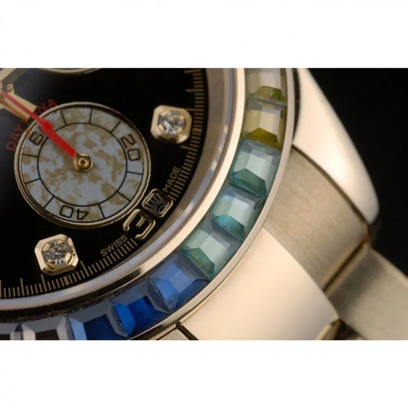 Daytona Cosmograph Rainbow Crystals Bezel Rose Gold Strap Black Dial 80251